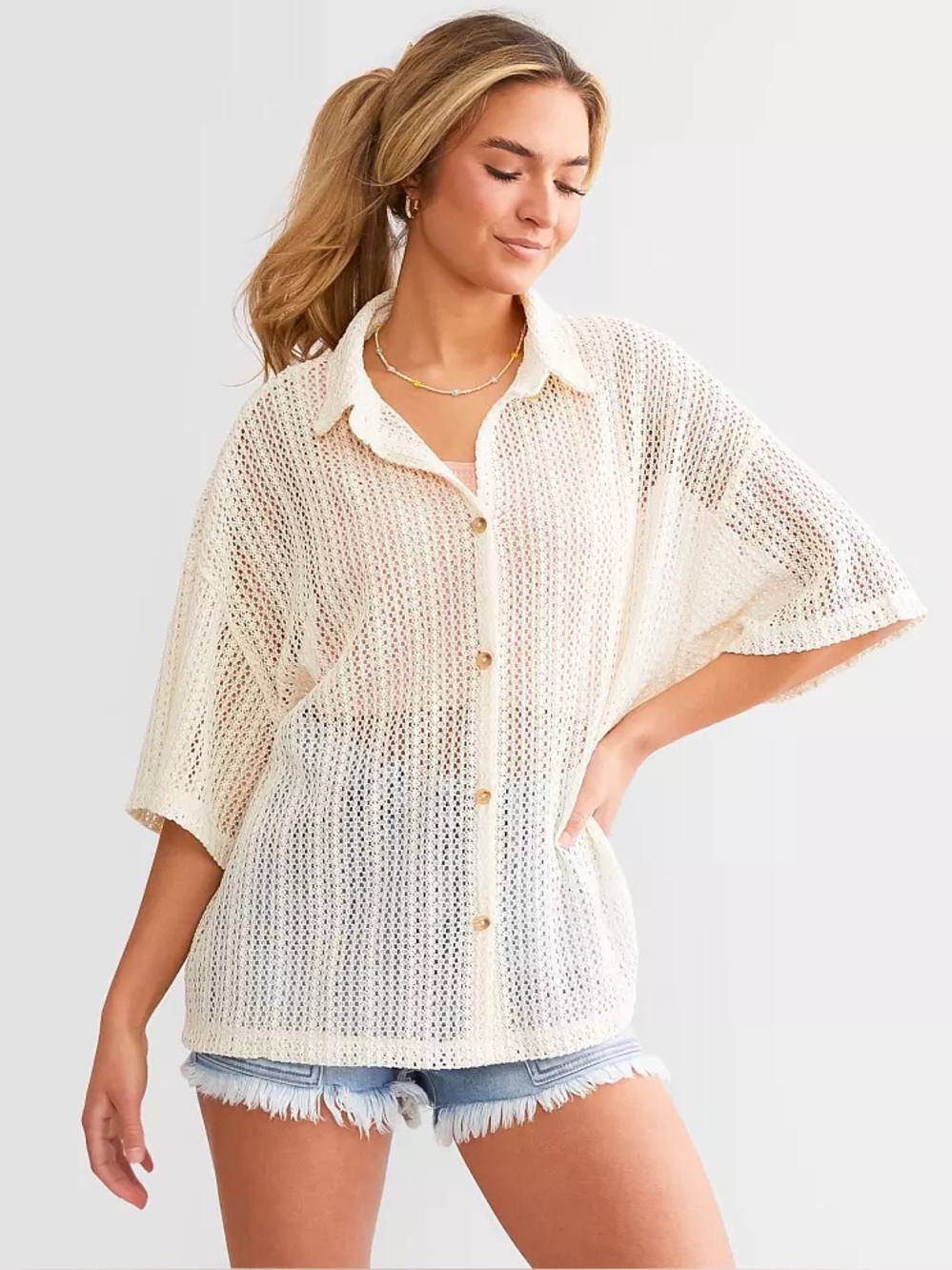 NWOT Billabong Largo Sheer Open Knit (Crochet) Cover Up Shirt, Size Medium